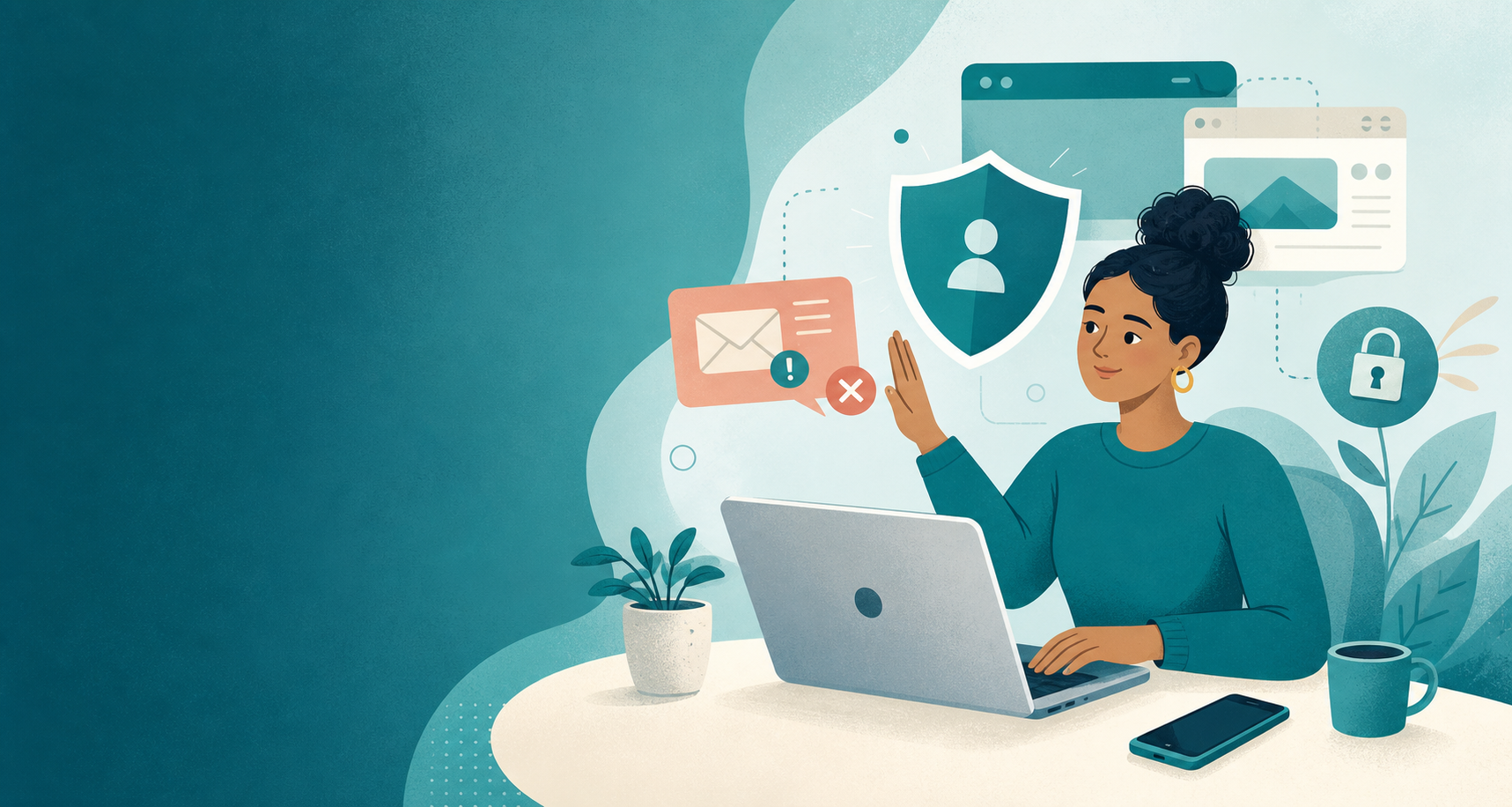 Person safely reviewing online messages on a laptop with privacy and security symbols